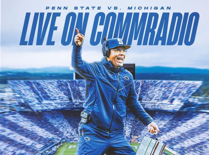 Photo illustration reads Penn State vs Michigan: Live on CommRadio with coach James Franklin wearing a blue sweat suit and baseball cap super imposed over Beaver Stadium