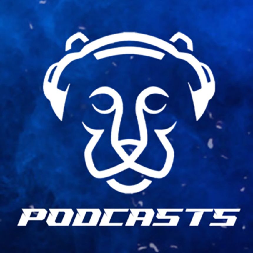 artistic rendering of a nittany lion wearing headphones above the word "podcasts"